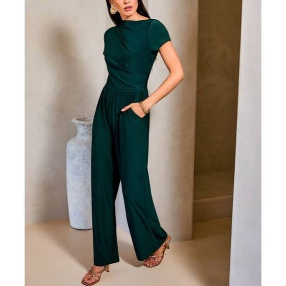 Cowl Tunic Neck Short Sleeve Jumpsuit - Picture 1 of 7